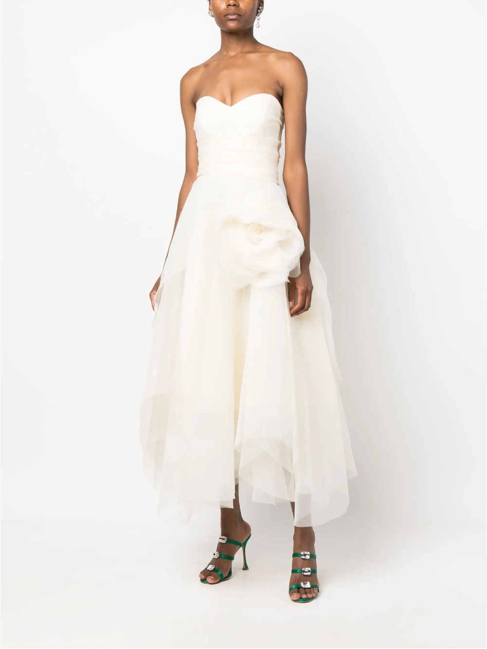 Ivory Strapless Tea-Length Dress with Sculpted Floral Accent